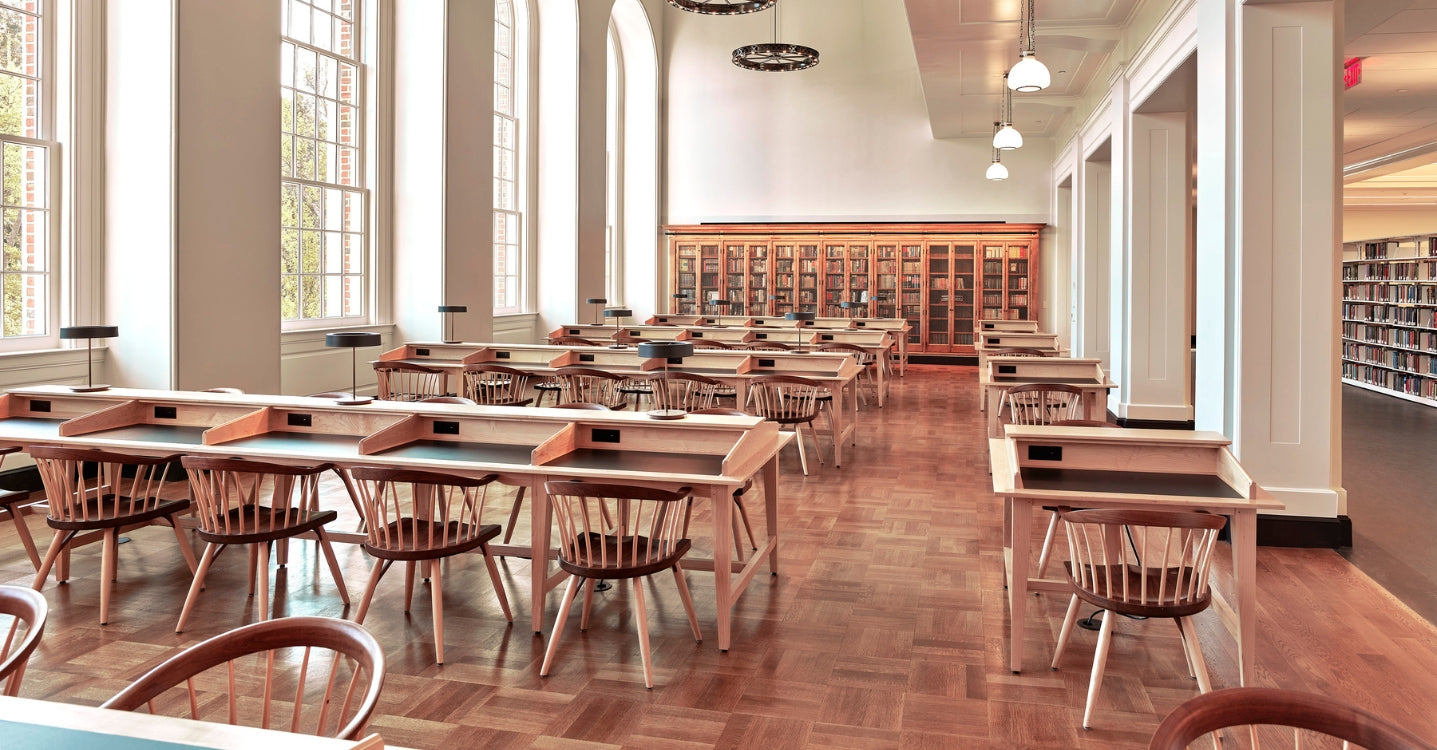 Interior of the UVA Shannon Library with tables and chairs by Thos. Moser.
