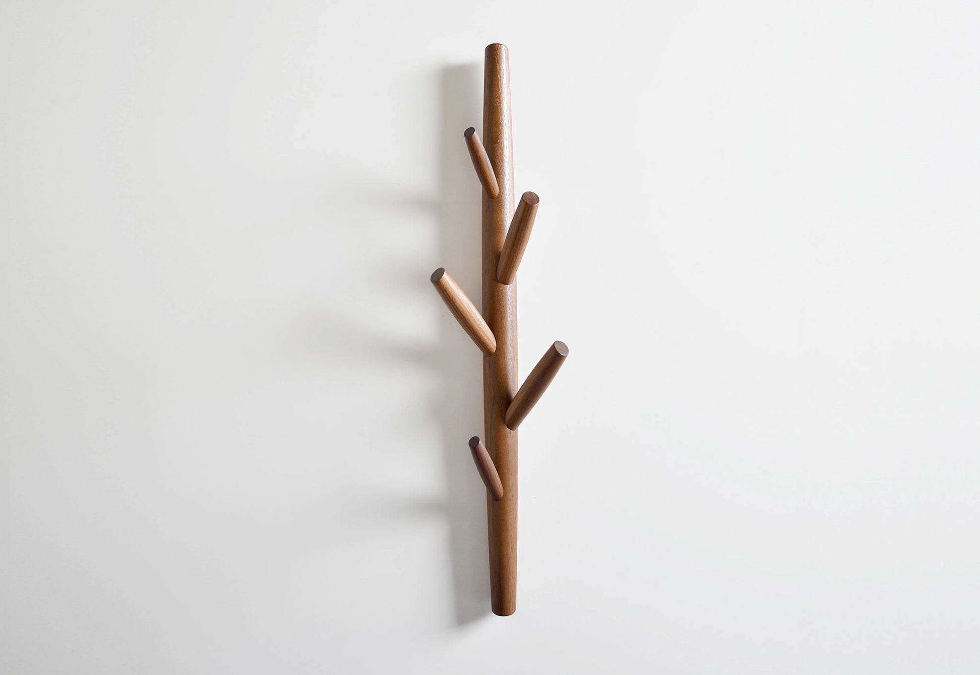 Wooden coat hook designed to look like a branch on a white background