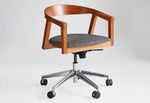 Wooden office chair with gray cushion on a white background