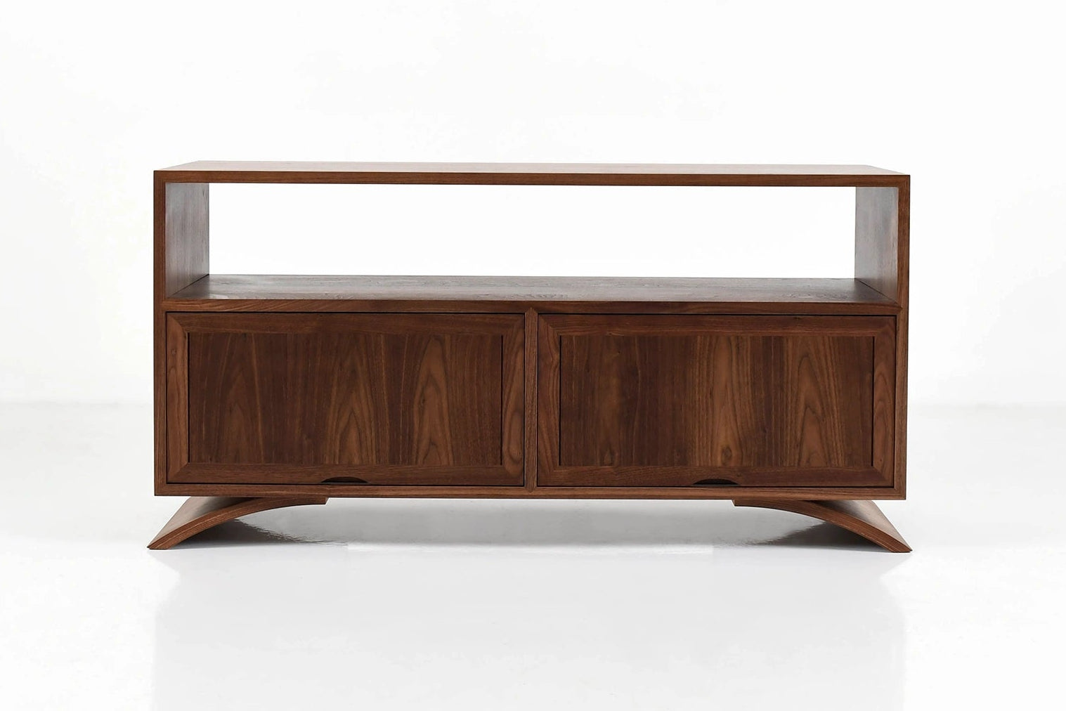 Wooden sideboard with glass panels on a white background