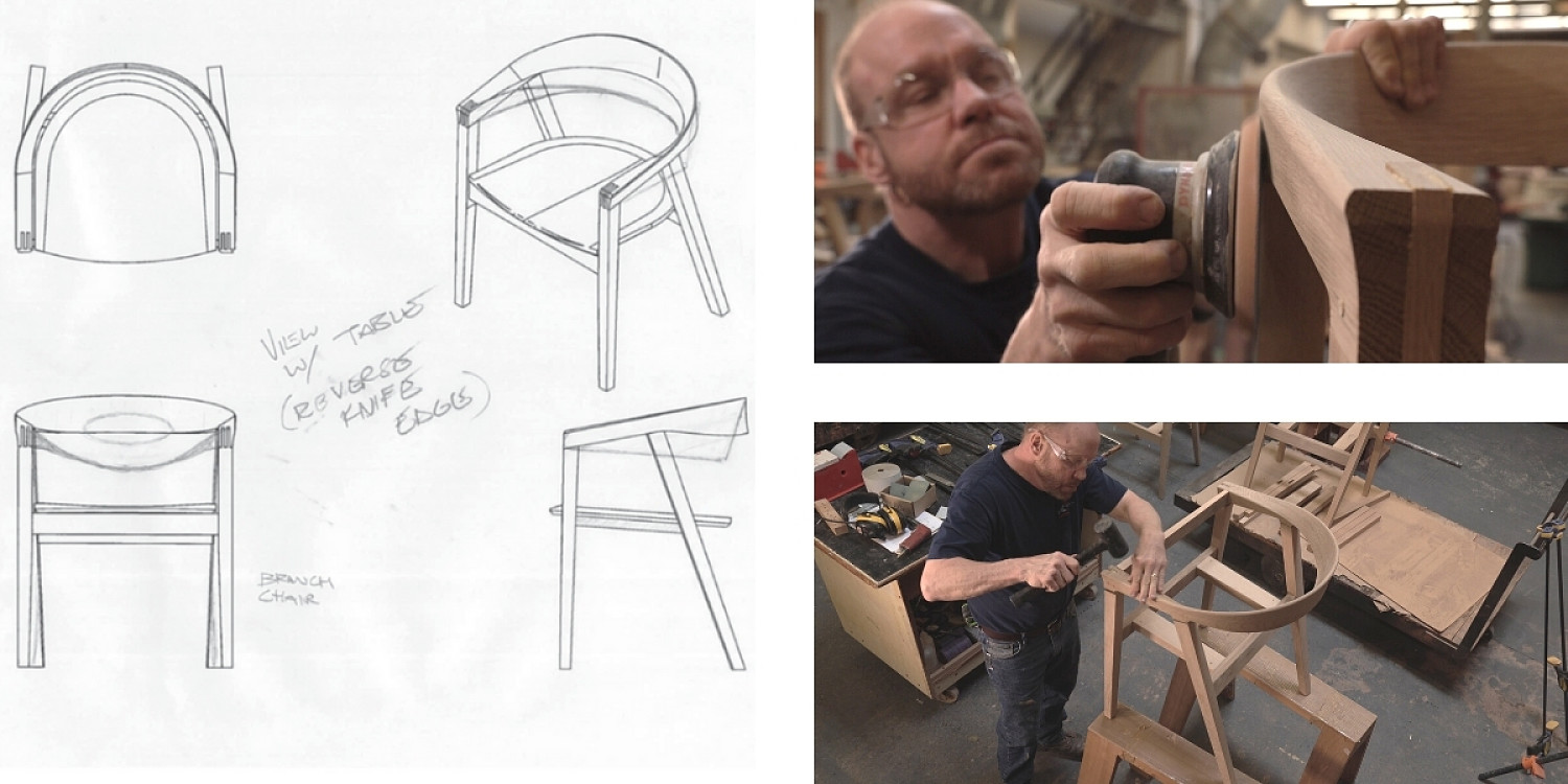 Sketches of NYPL Branch chair, craftsperson working on sanding the arm of the chair and hammering arm to the leg of the chair