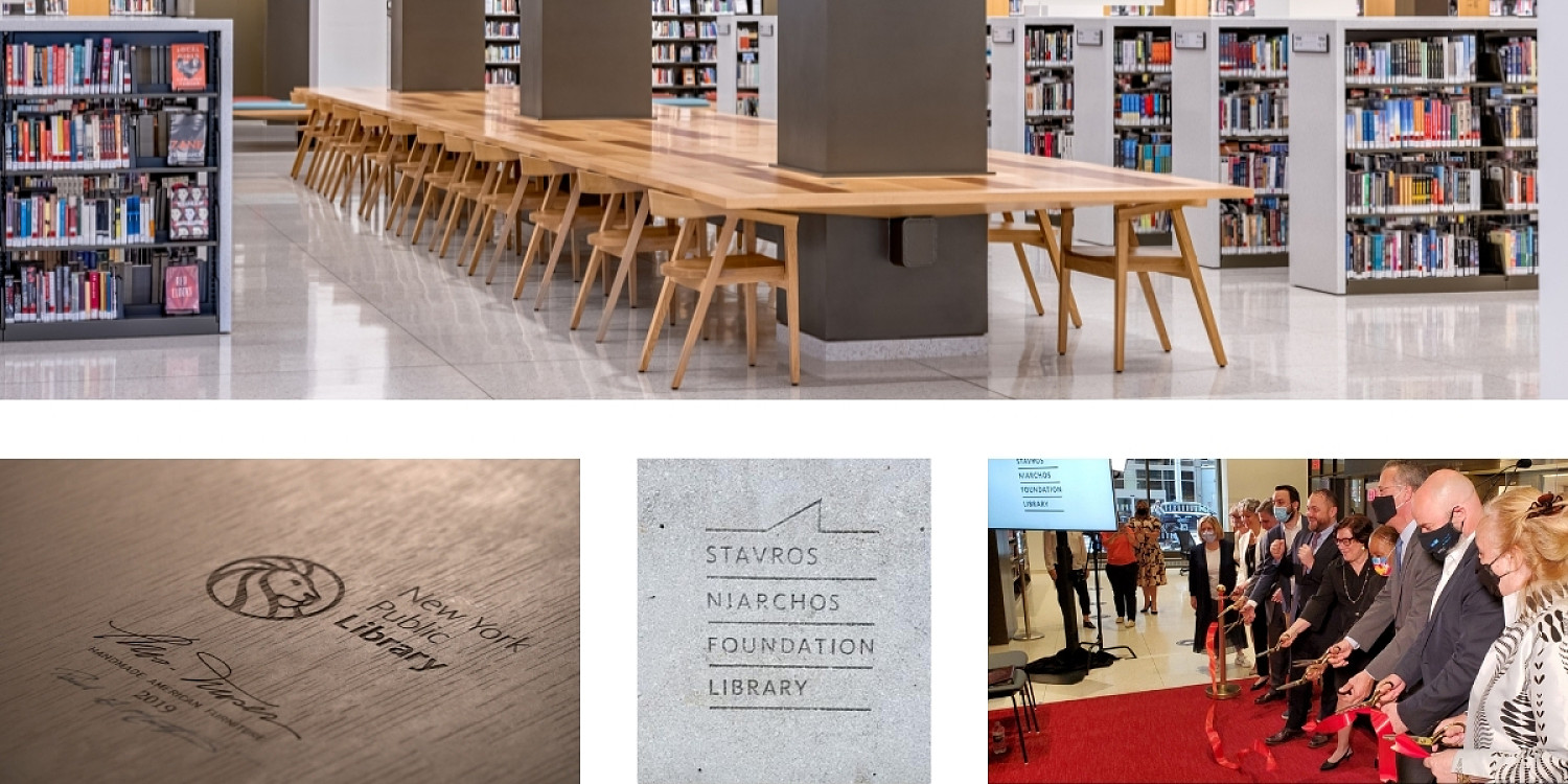 Top: NYPL Branch chairs at NYPL Lower Left: Bottom of NYPL Branch Chair Lower Center: New Library Foundation marking Lower Right: Ribbon cutting ceremony for the new New York Public Library