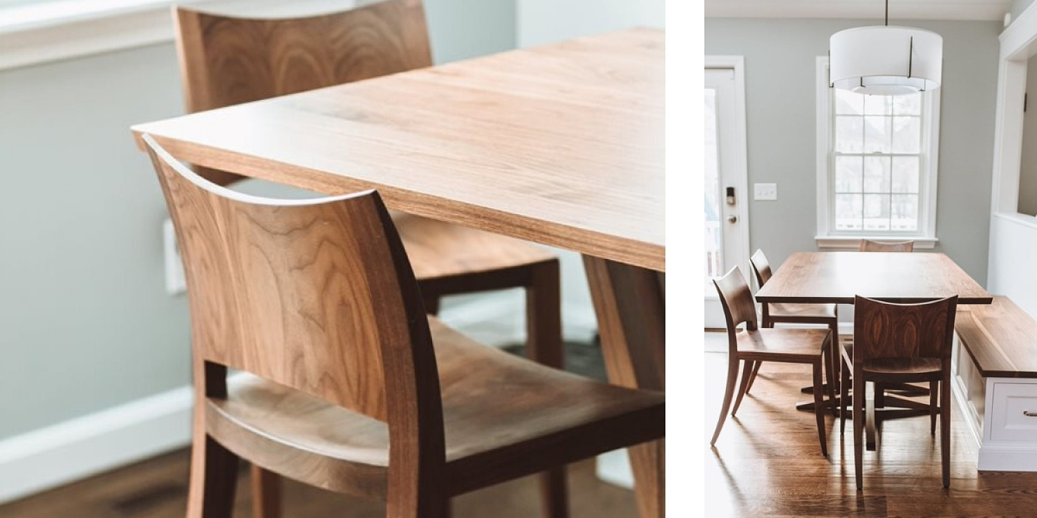 Left: Top of auburn chairs and corner of edo trestle table in walnut. Right: Breakfast nook with walnut edo trestle table and auburn chairs in walnut with built in bench