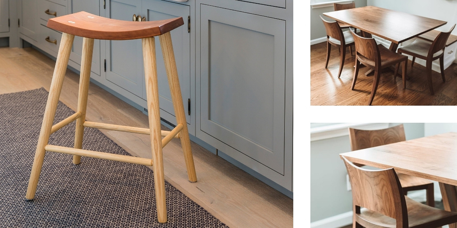 Left: Crescent High Stool in cherry near blue cabinets. Upper Right: Edo Trestle table and Auburn Chairs in walnut. Lower Right: Detail of top of Auburn chairs in walnut and corner of edo trestle table