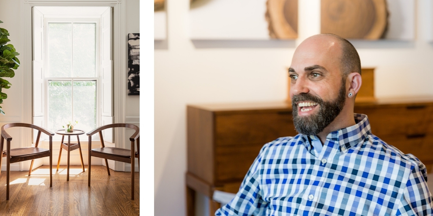 Left: Cumberland Side Chairs in walnut and Hartford side table in front of a window. Right: Headshot of Rob P.