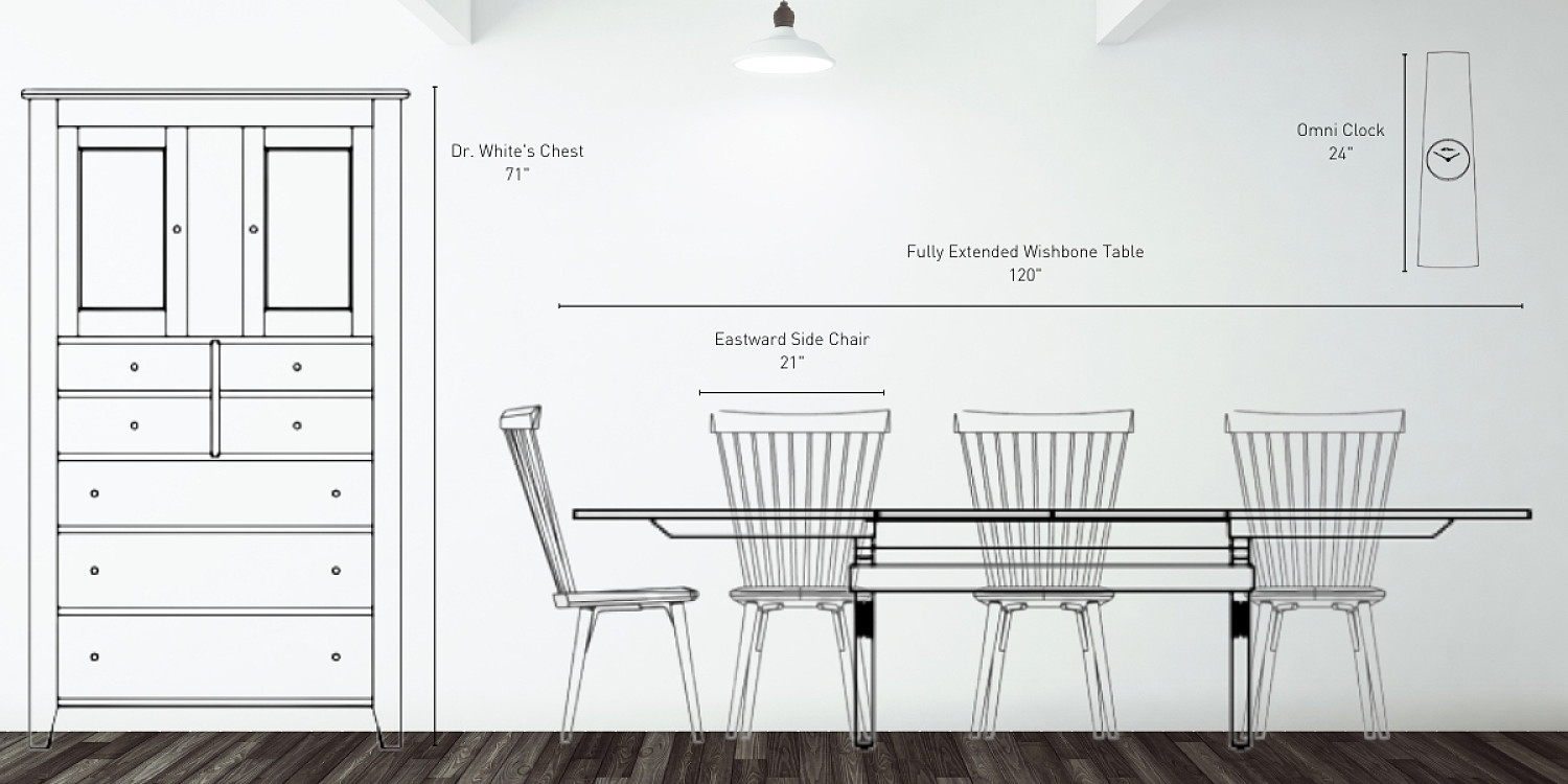 Line drawing of Dr. White's Chest, Eastward Chairs, wishbone table and omni clock