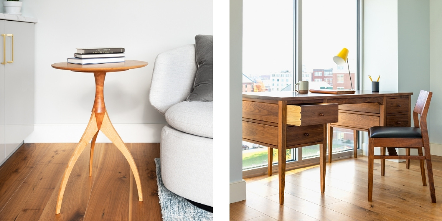 Left: Sequel Side table in cherry with books. Right: Eight Leg writing desk with drawer open and pacific side chair. Yellow lamp and pencils