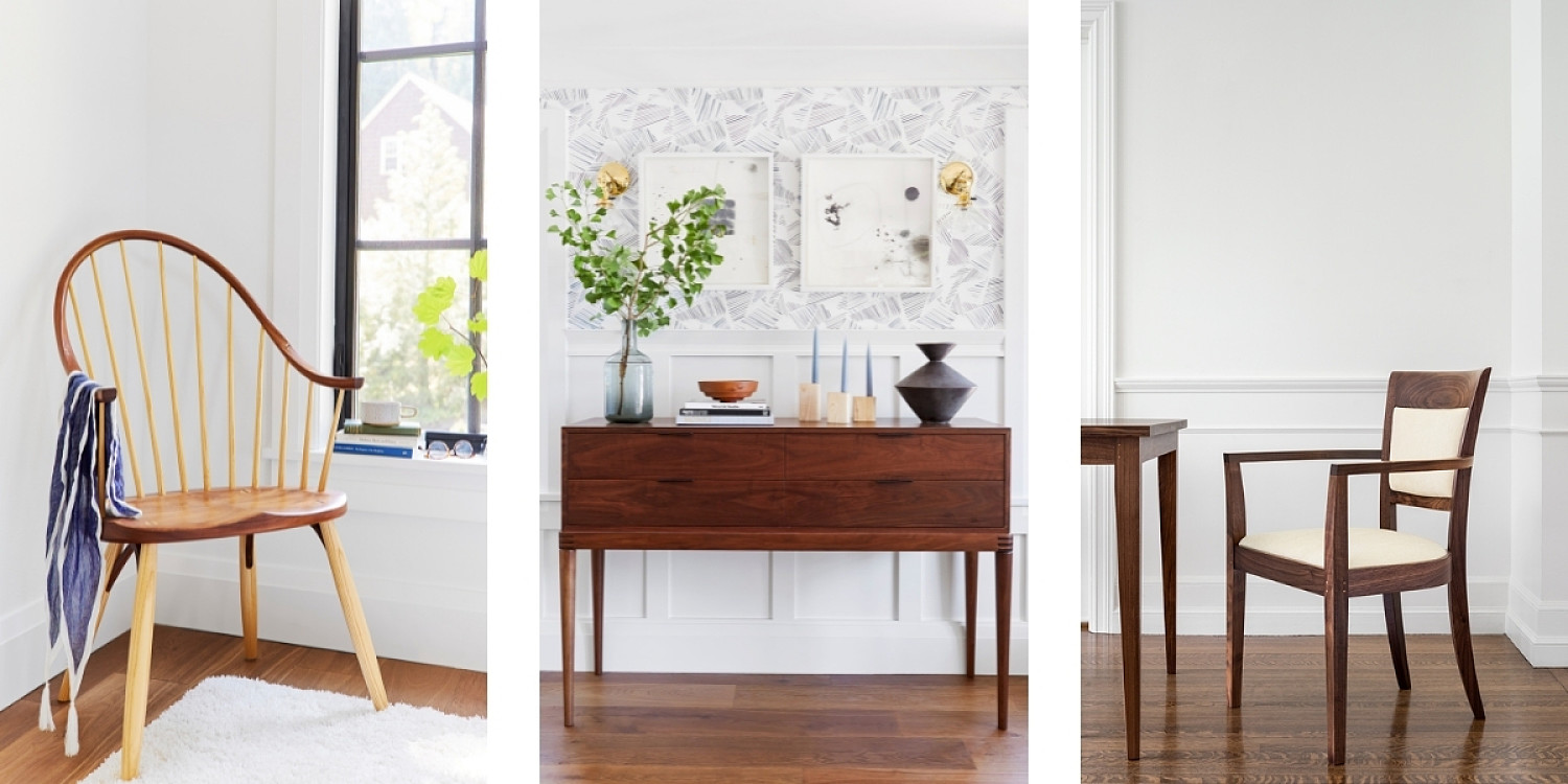 Left: Continuous Arm Chair. Center: Cumberland side board in walnut Right: Harspwell Arm Chair with Back and white leather upholstery