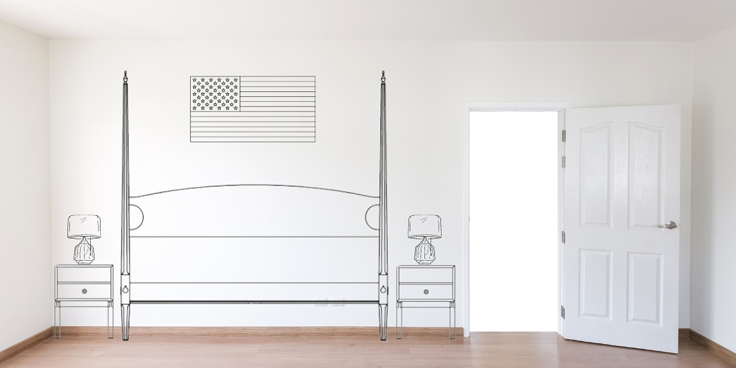 Line drawing of Pencil post bed, studio side tables with drawer and American Flag