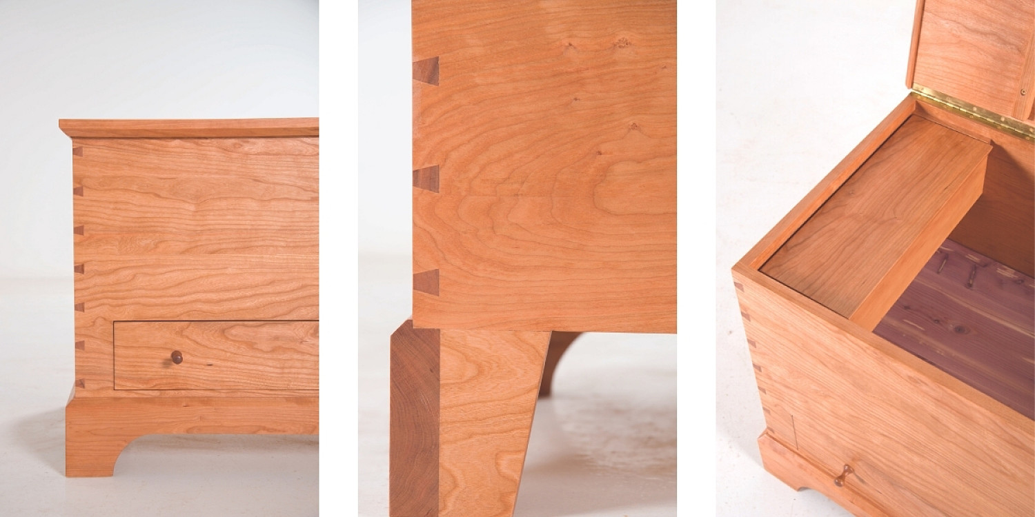 Left: Blanket box in cherry front half view Center: Foot and dovetail detail of Blanket Box. Right: Looking top down inside the blanket box with cedar floor and small box