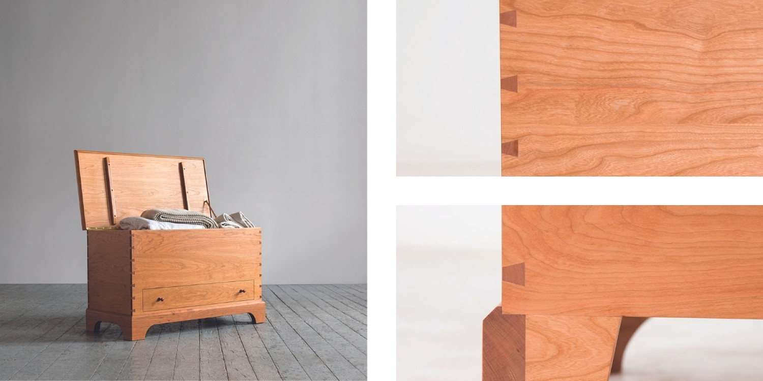 Left: Open Blanket Box in cherry with blankets Upper Left: Detail of dovetail joinery Lower Right: Detail of Blanket box foot and dovetail joinery