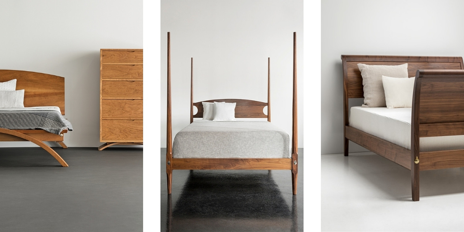 Left: Vita Bed and vertical dresser in cherry Center: Pencil Post Bed in walnut right: Sleigh Bed in walnut with white bedding