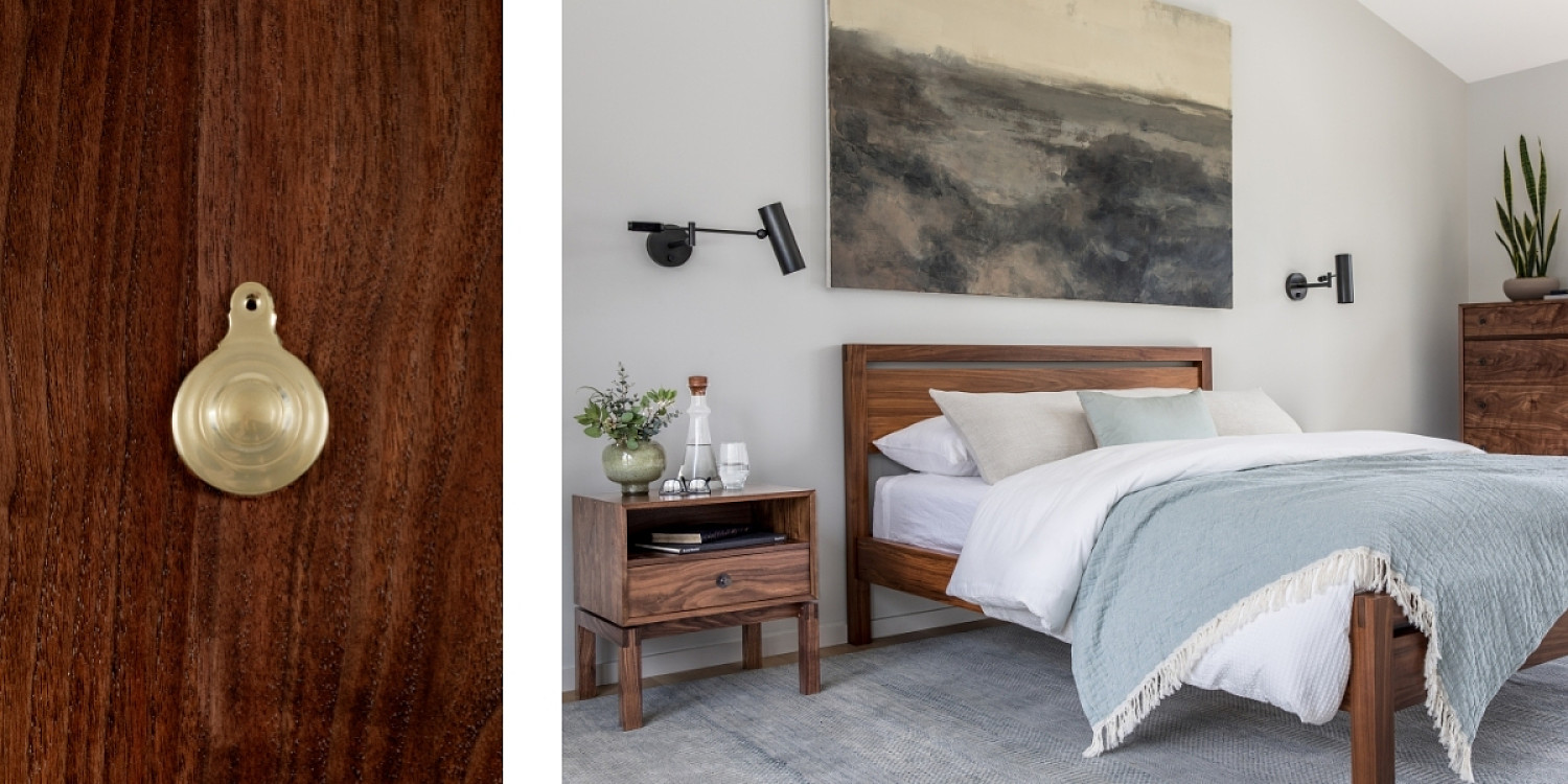 Left: Polished Brass bed bolt cover on walnut Right: Studio Bedroom Collection, Studio Bed in walnut in center of room with blue bedding, Studio side cube on left of bed with water vase glasses and flowers, Studio vertical dresser on right behind the bed
