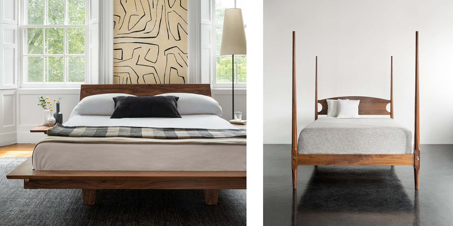 Left: Edo Bed in walnut in room with wallpaper, windows, floor lamp with flower vases on side tables. Right: Pencil Post Bed in walnut with grey blanket and white pillows
