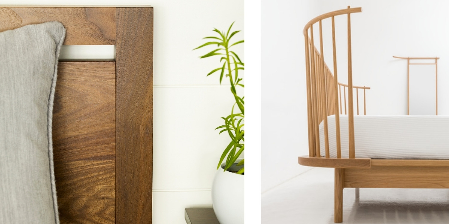 Left: detail of Studio Bed headboard in walnut. Right: Side view of Foreside Bed in white oak and mirror