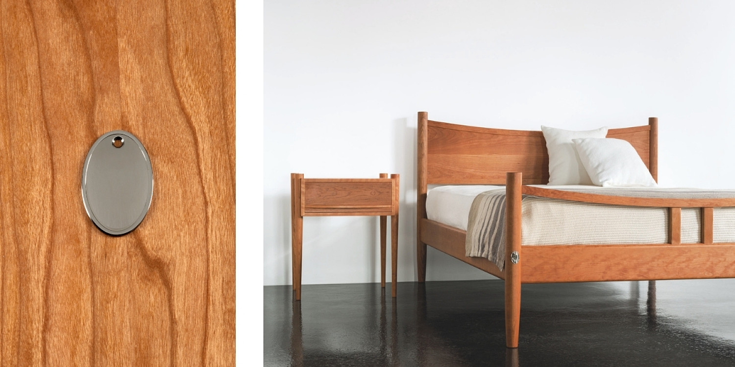 Left: Detail of Ellipse bed bolt cover on cherry. Right: Ellipse bed and nightstand in cherry with white pillows and wool blanket