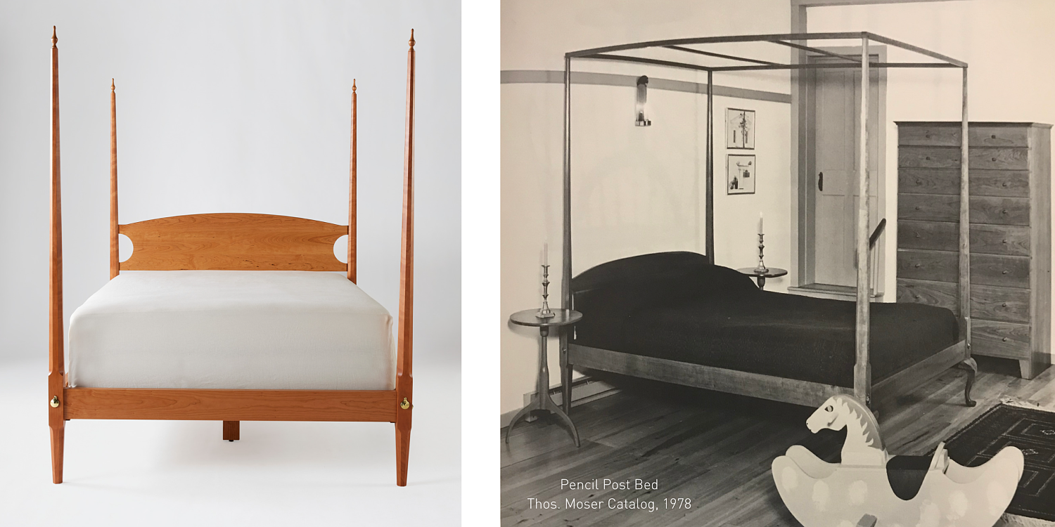 Pencil Post bed in Cherry on left, Pencil post bed from catalog image circa 1978