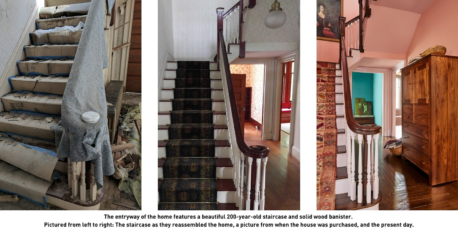 Before and after images of staircase in pink house