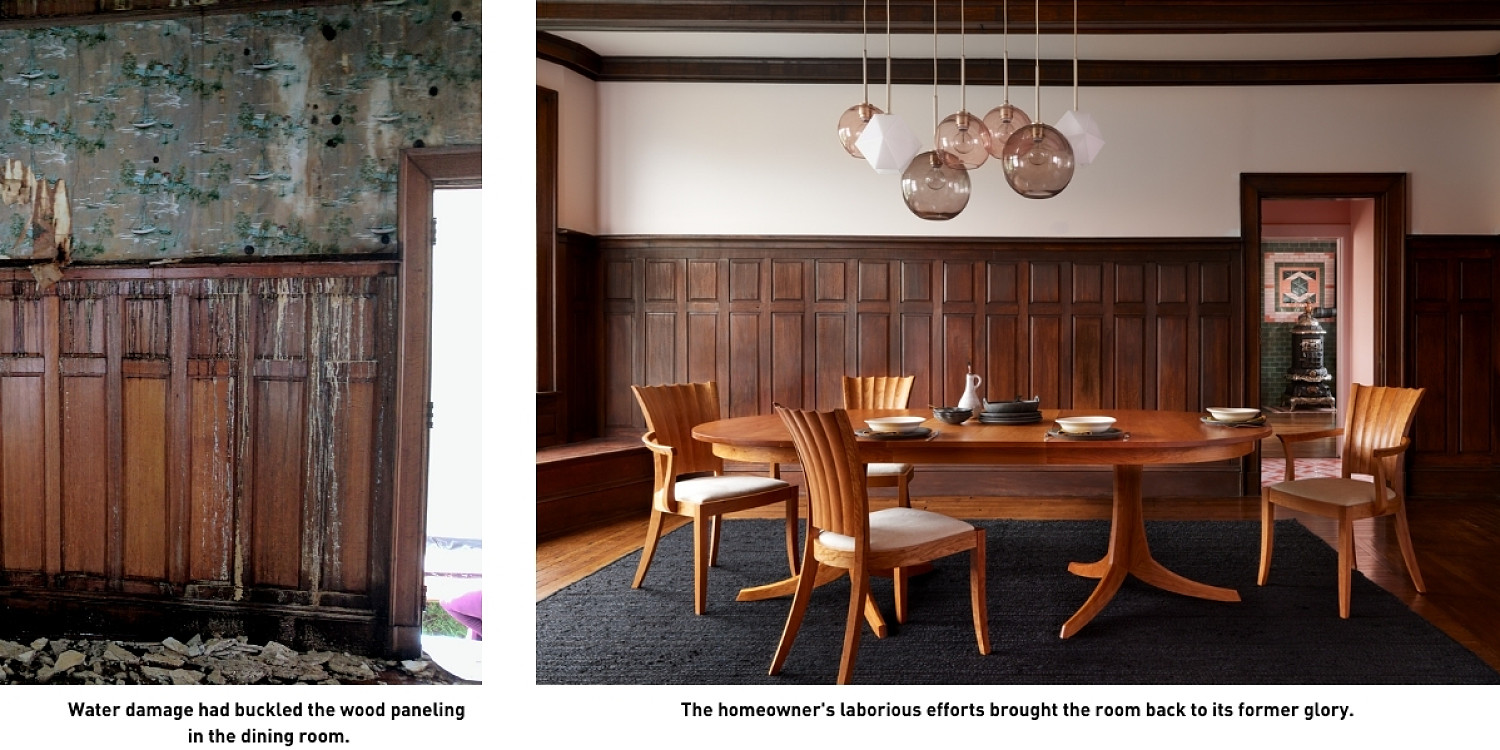 Before images of water damaged wood paneling on left, finished dining room on right with dining table and chairs in cherry