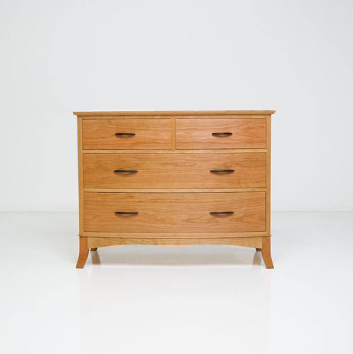 Front view of Crescent Four Drawer wooden dresser in cherry with ebonized drawer pulls