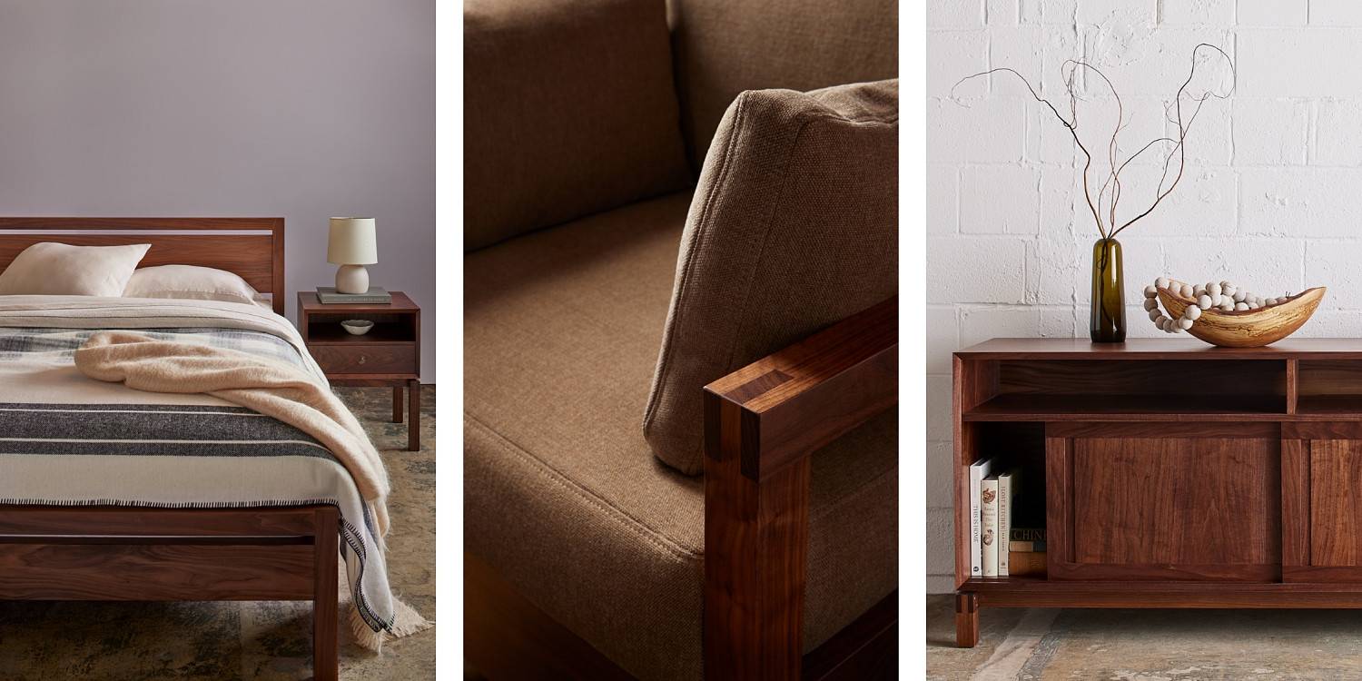Left: Walnut Bed and Side Table Center: Corner detail of wooden chair with pillows. Right: Media Case in walnut filled with books, vase with twigs and wooden bowl with felted garland on top of case with white brick wall