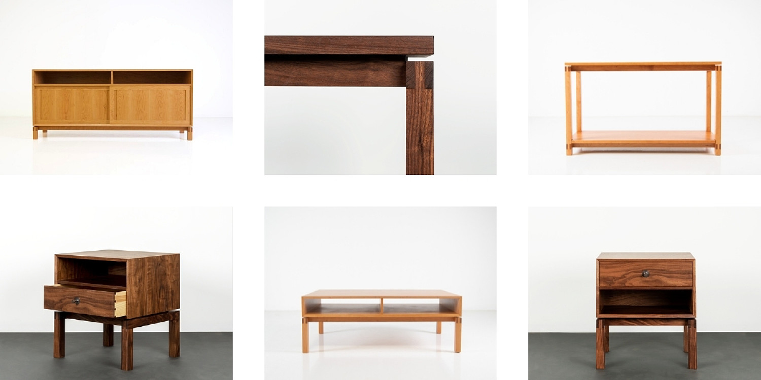 Top Left: Cherry Media Case. Lower Left: Walnut Side Table with brass pull and open drawer. Top Center: Corner detail of side table in walnut. Lower Center: Coffee Table in cherry. Top Right: Hall Table in cherry. Lower RIght: Side table in walnut with brass knob and drawer