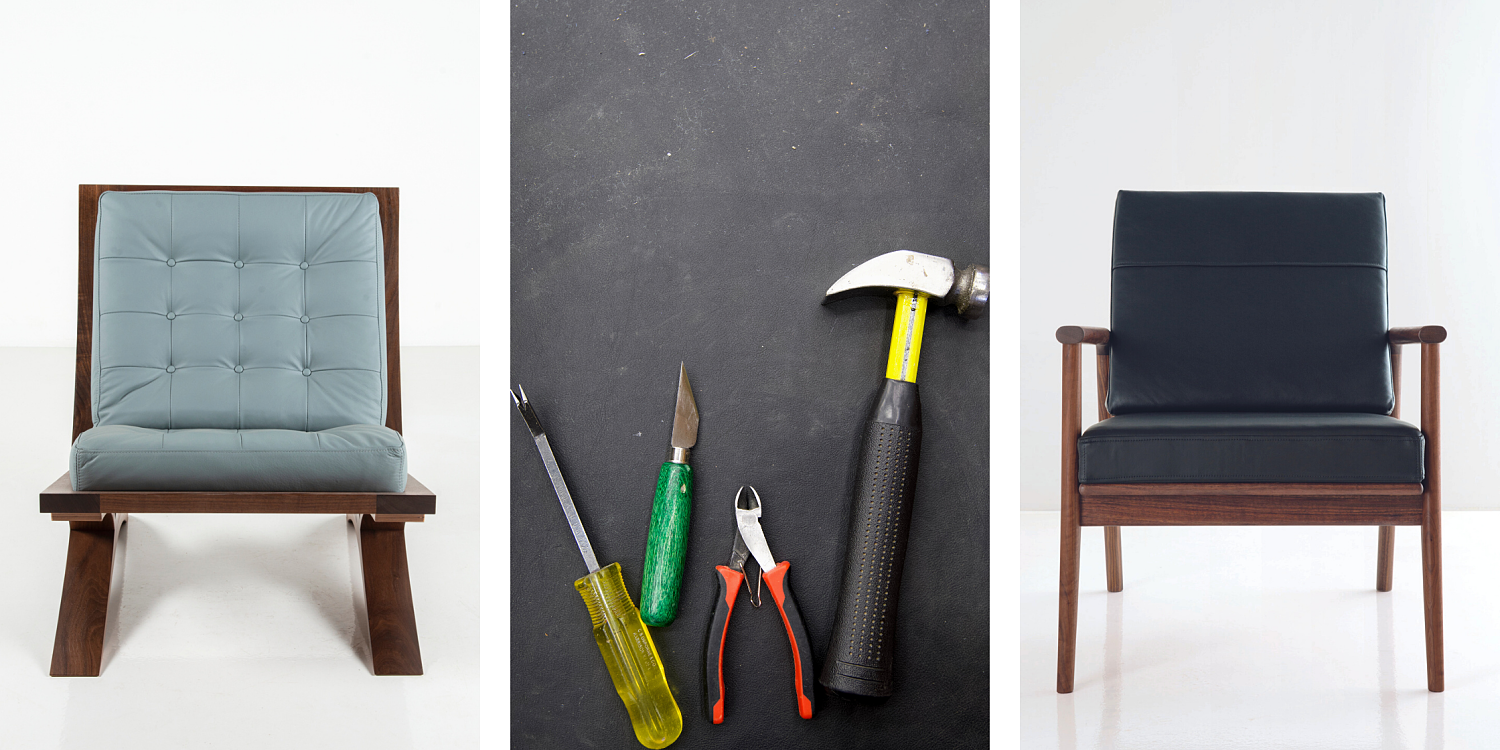 Three Images. Left: Vita chair in walnut with blue leather. Center: Upholstery tools on black background. Right: Fahmida Chair in walnut with black leather upholstery