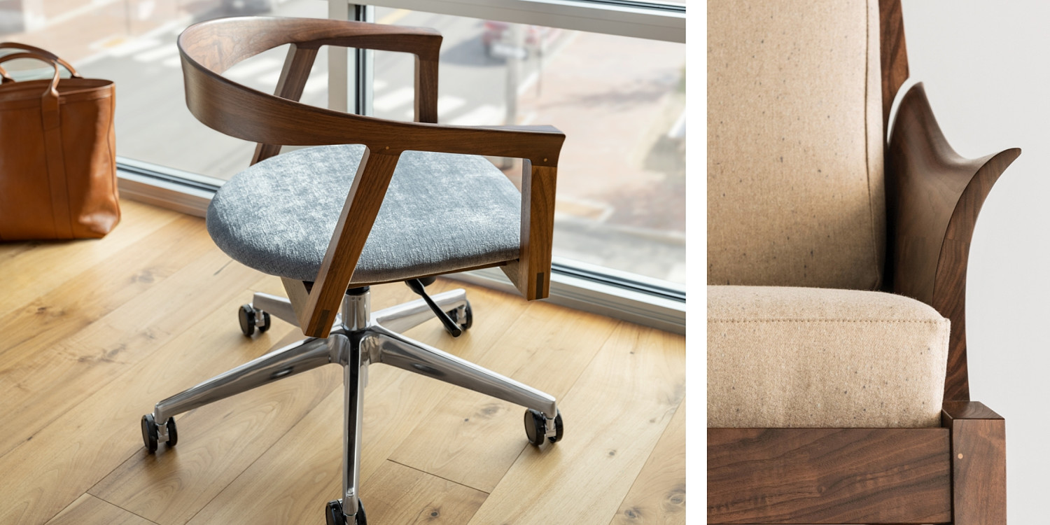 Two Images: Left, NYPL Branch swivel chair with blue-grey upholstery on wooden floor. Right: Detail of wing sofa ar, in walnut with oatmeal upholstery