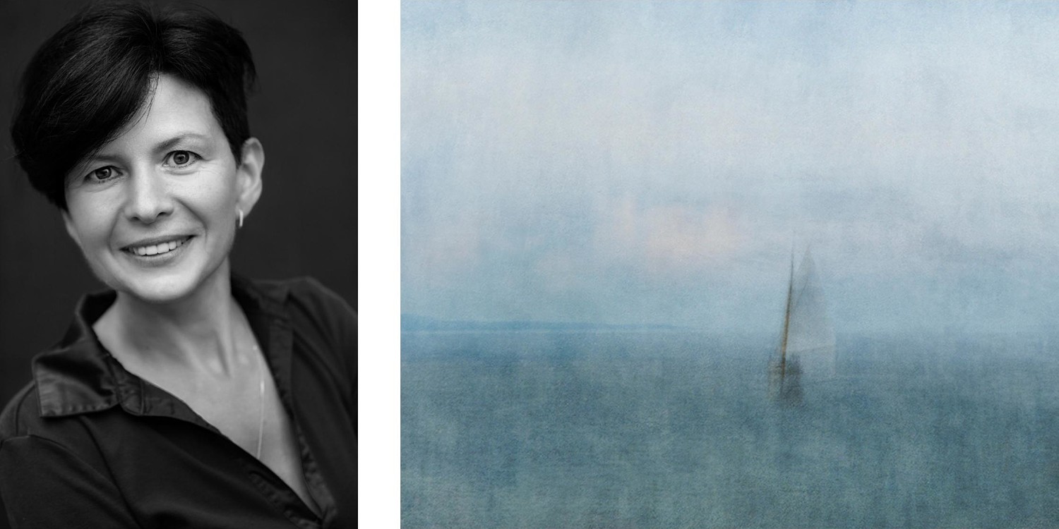 Headshot of Olga Merril on left and her artwork of a sailboat on the coast of Maine on the right