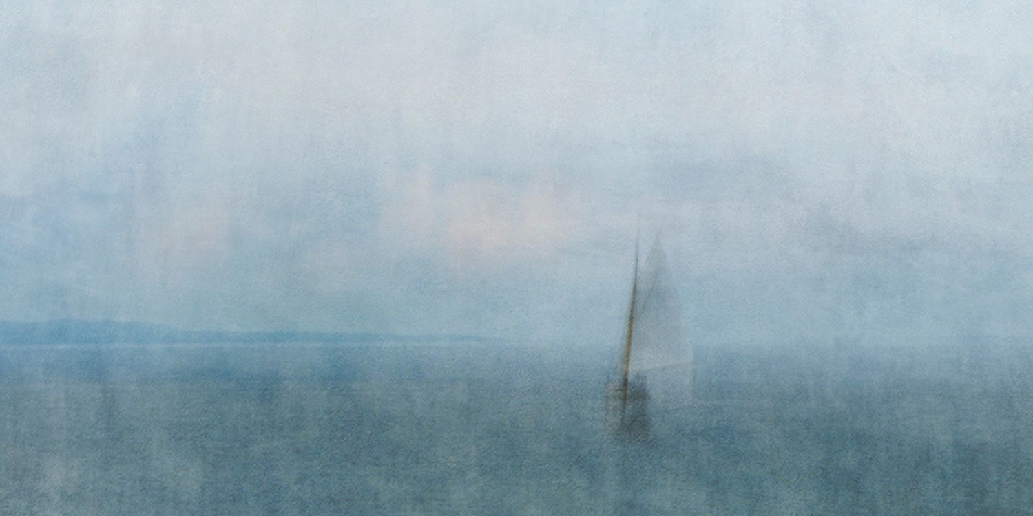 Art by Olga Merrill. A painting of a sailboat in the sea in Maine.