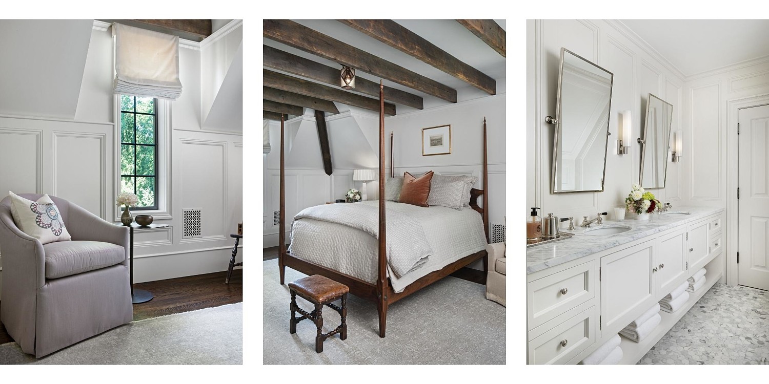 Three images of guest bedroom and bath. From Left to Right: a lavendar upholstered chair beside a window. Center: Pencil Post Bed in walnut and antique footstool. Right: Bathroom featuring white marble countertops, his and hers sinks and mirrors and custom white cabinetry with brass pulls.