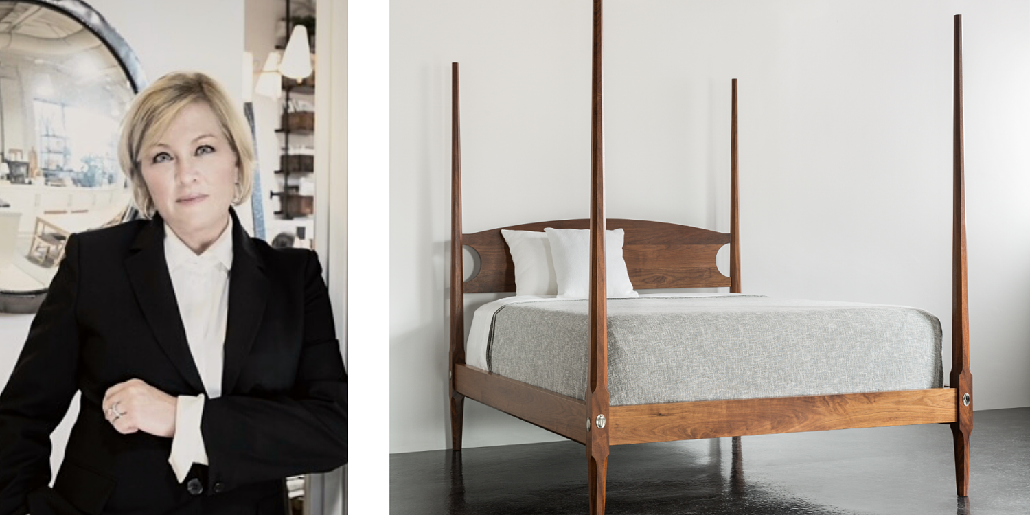 On the left, a headshot of designer Marianne Jones and on the right, studio photography of the Pencil Post bed in walnut with grey bedding and white pillows