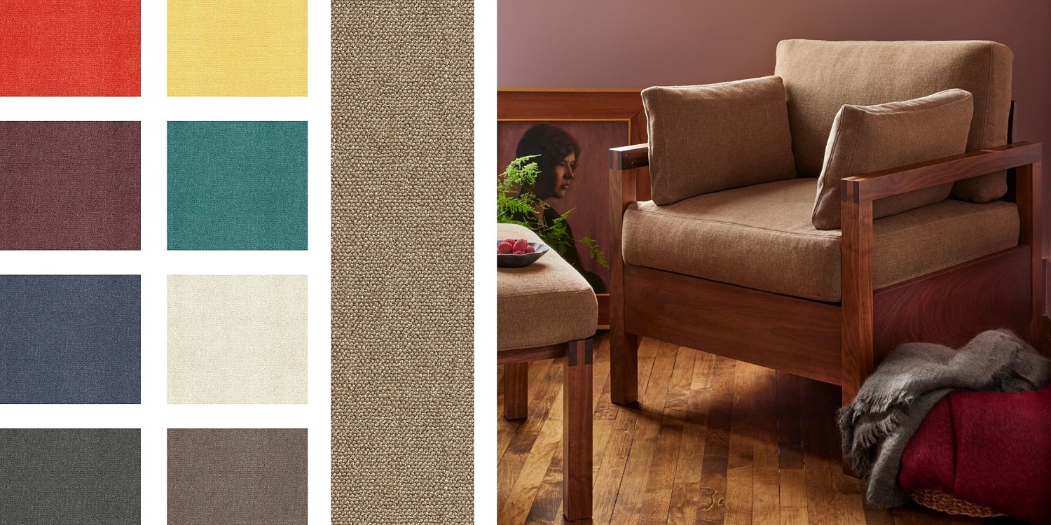 Upholstery swatches left side, lounge chair in pink room with ottoman