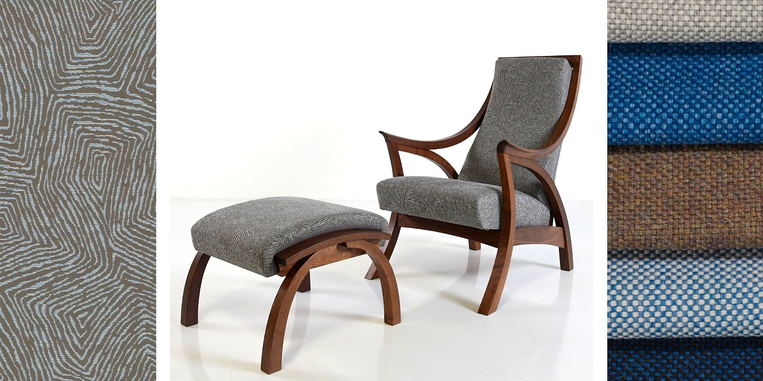 Drift Chair and ottoman in walnut with upholstery samples on sides