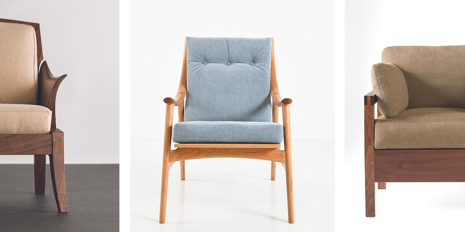 Three lounge chairs with neutral or blue upholstery