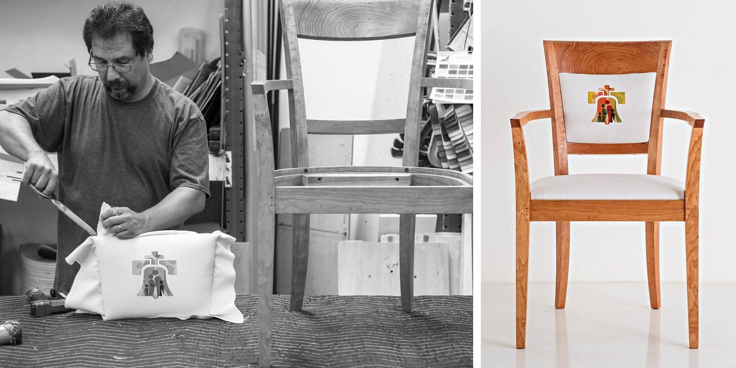 man working on back cushion of chair and finished arm chair with upholstery