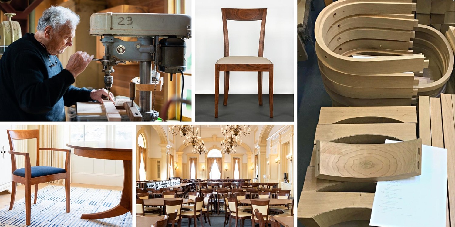 collage of chairs, workshop, and chair parts