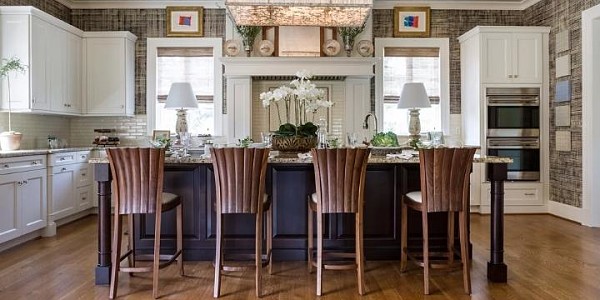 Kitchen Island with aria stools in walnut