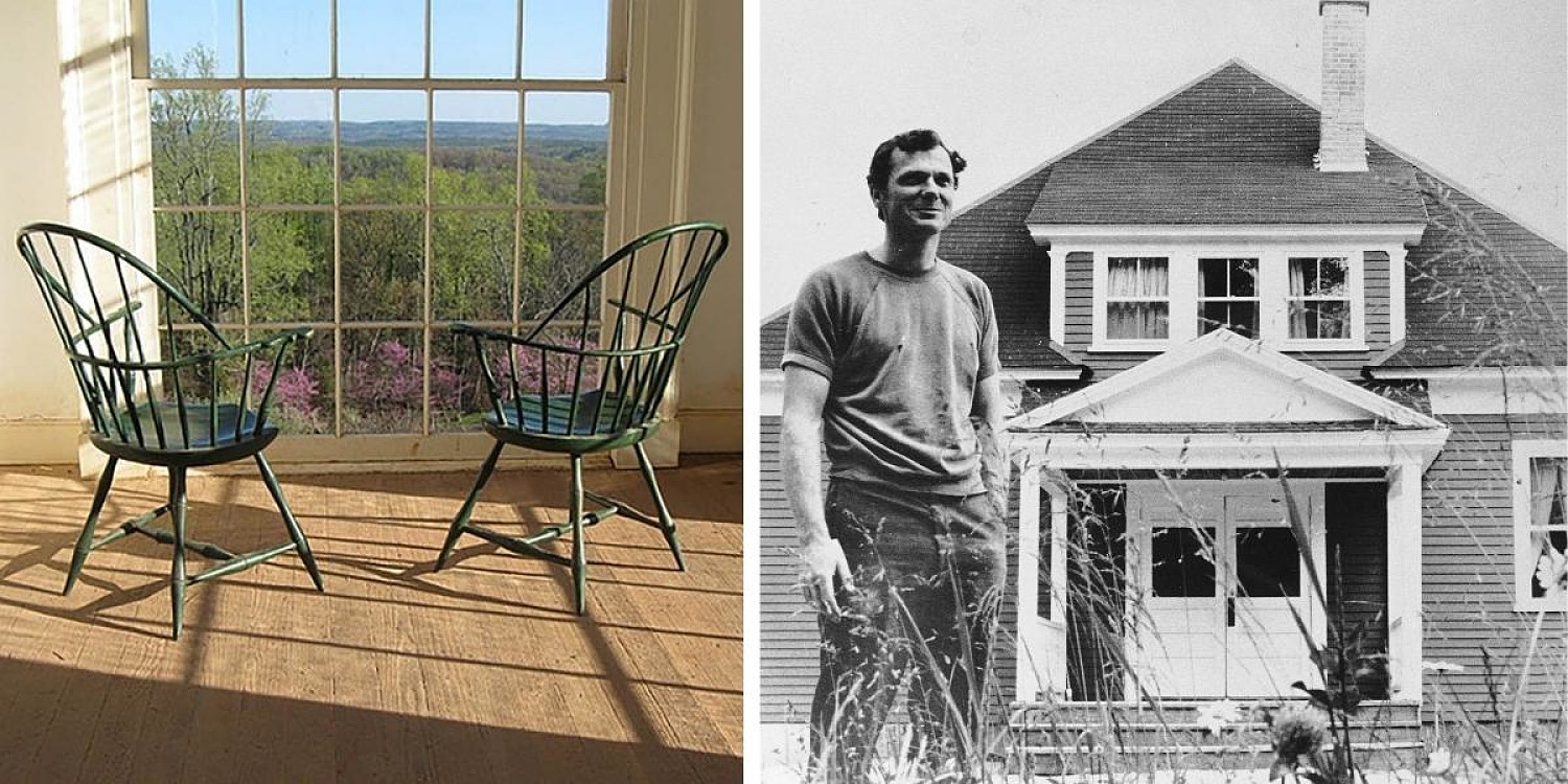 windsor chairs facing out a window. Tom Moser in front of the grange hall