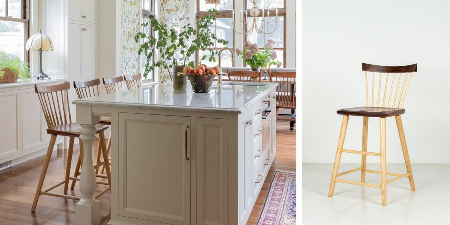 Kitchen island with cherry Eastward Stools and walnut Eastward Stool in studio