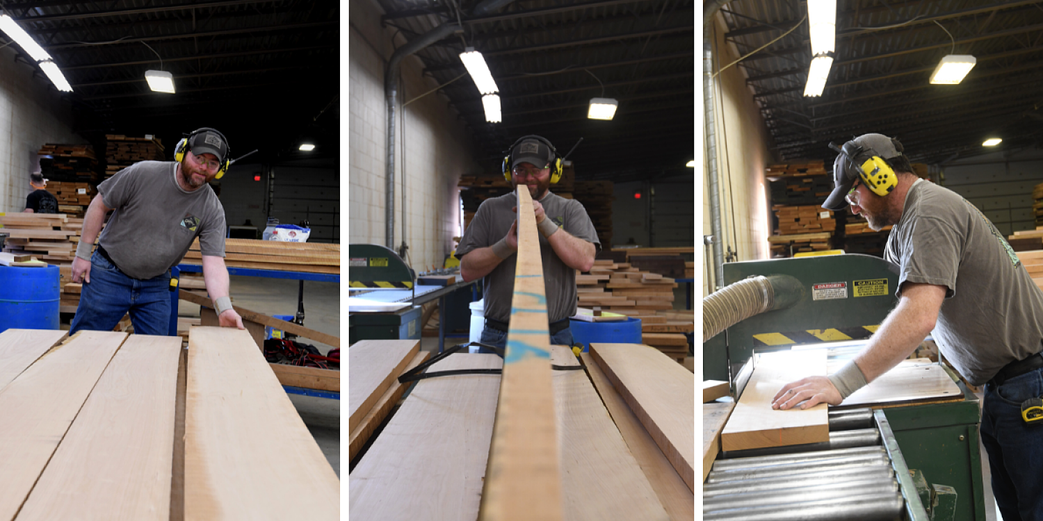 Jim working in the rough mill selecting boards to create a crescent desser