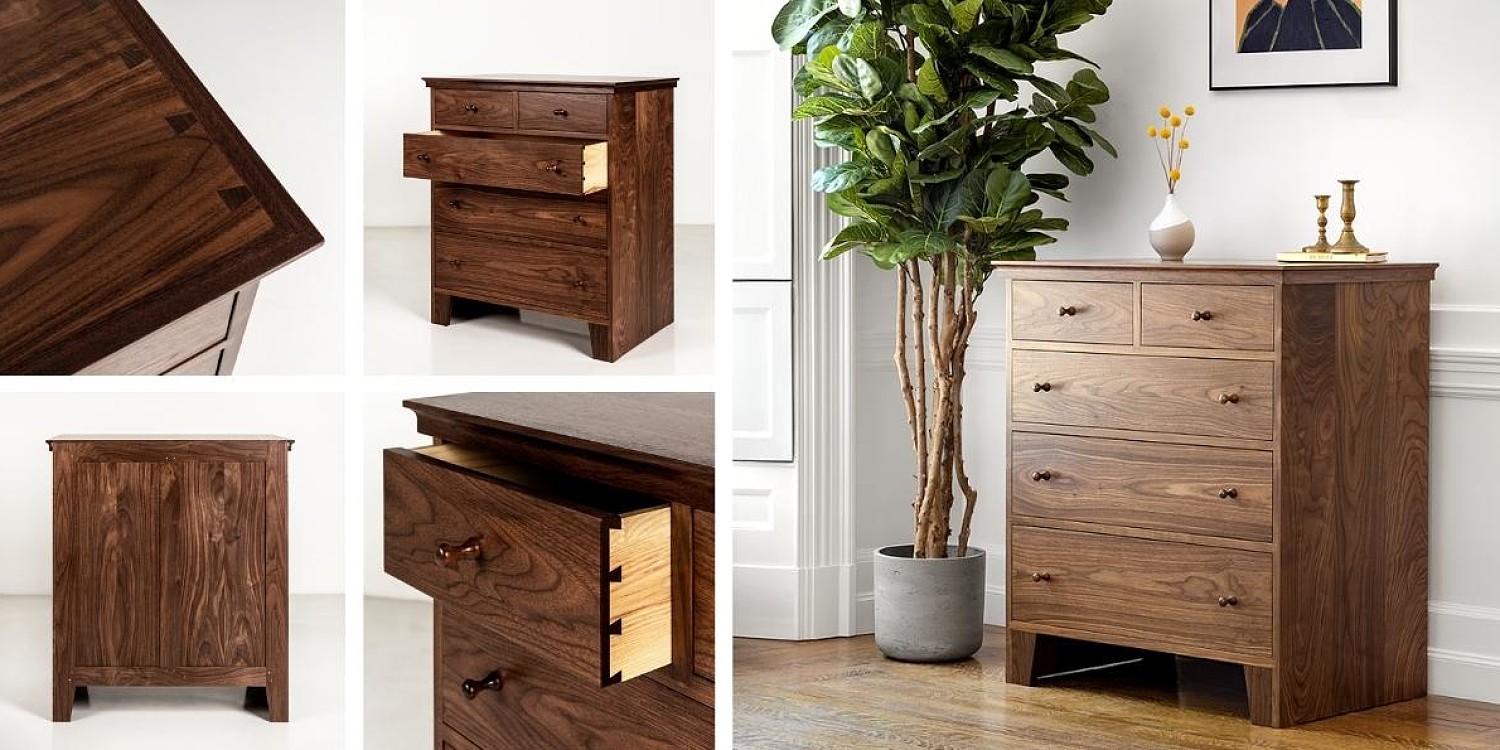 4 up of five drawer dresser in walnut, dresser in room with white walls plant candlesticks and vase