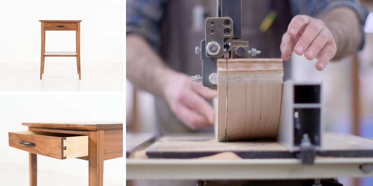 Craftsmans hands moving an apron through the bandsaw, finished square end tables