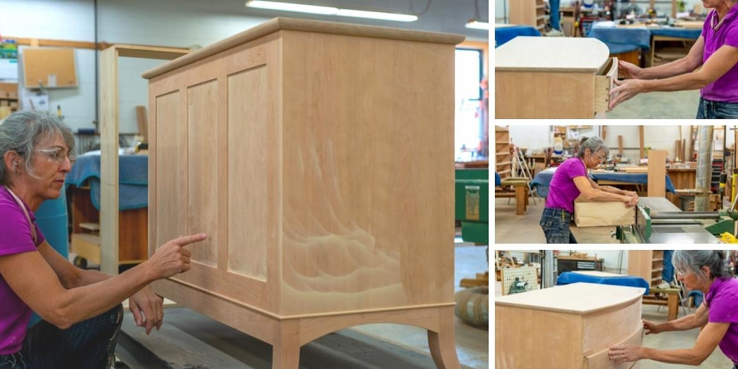 Craftswoman working to fit the drawers and back panel of a dresser