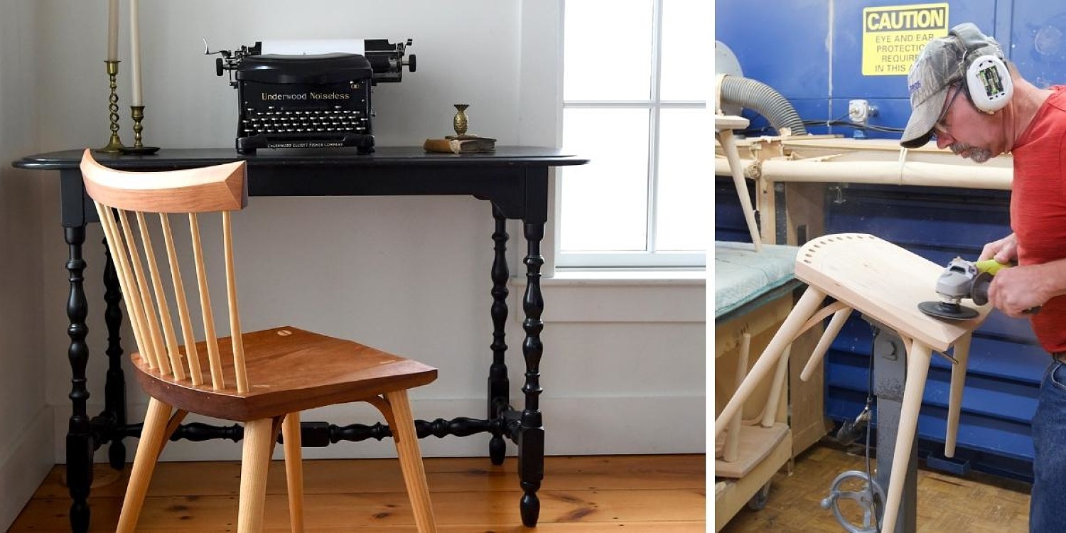 Eastward chair by desk with typewriter and craftsperson grinding out the seat of the eastward chair