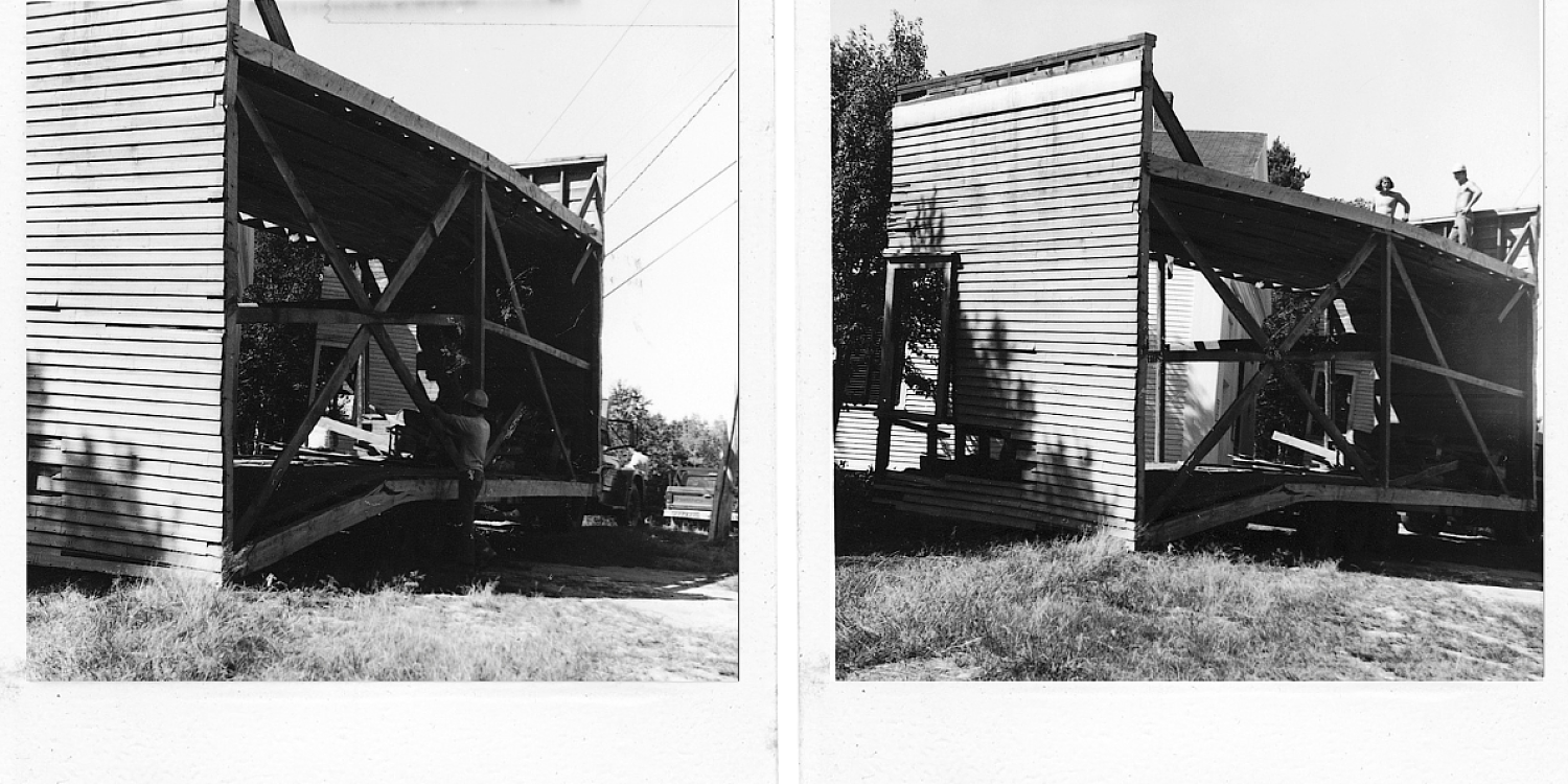 Moving the Vestry, two pieces on their way to the grange hall