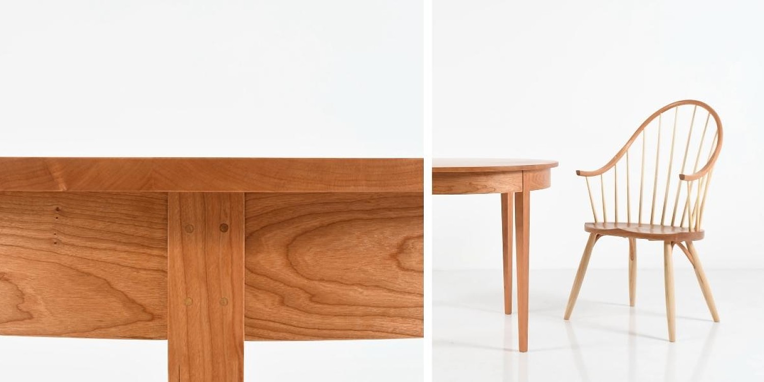 Detail of round ring coffee table and paired with Thos. Moser Continuous Arm Chair