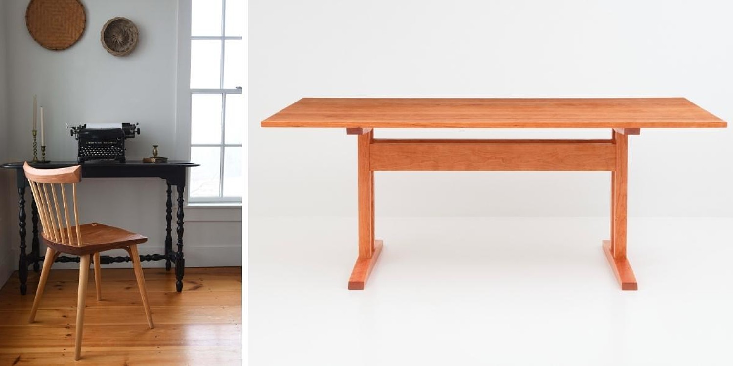 Eastward studio chair in front of a table with typewriter and cherry trestle table