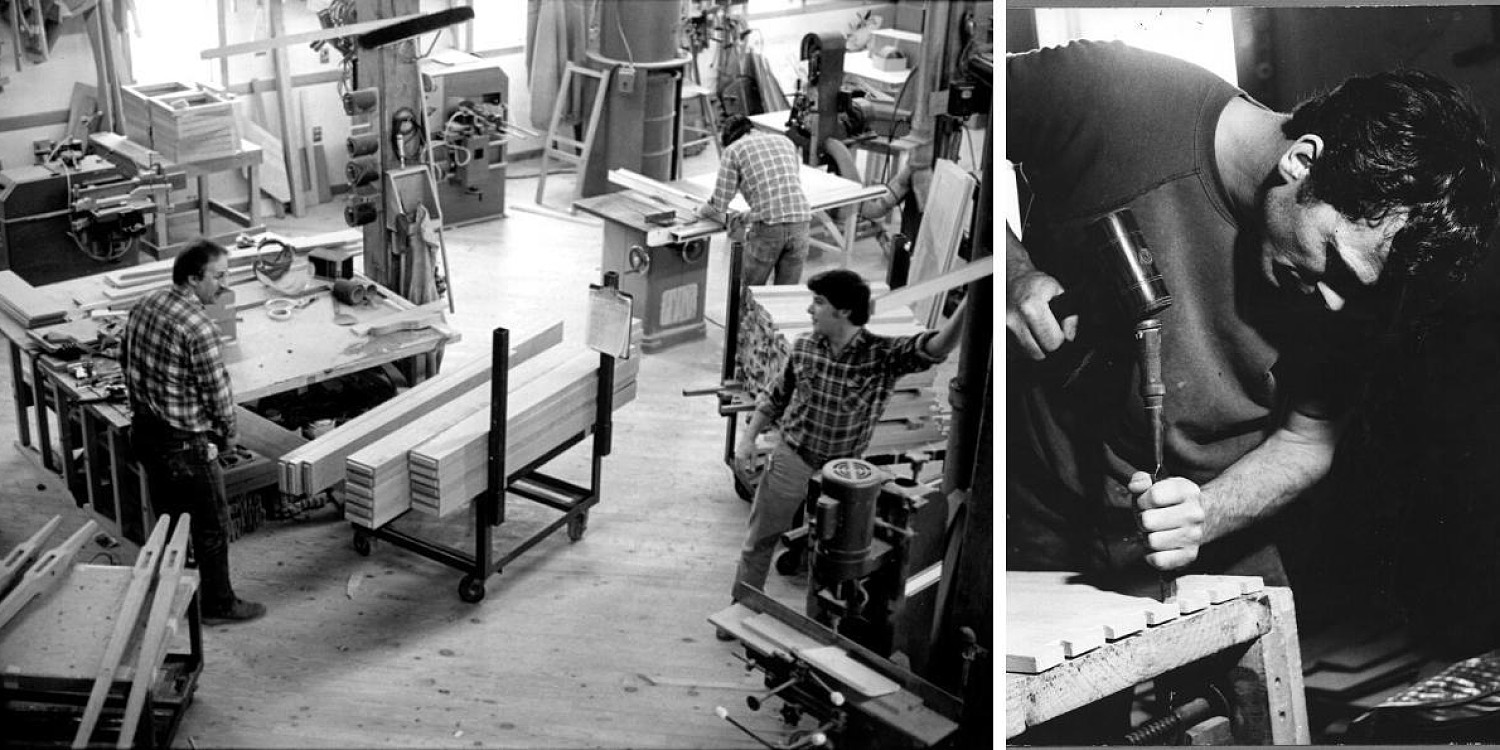 Inside the grange hall workshop and Tom Moser