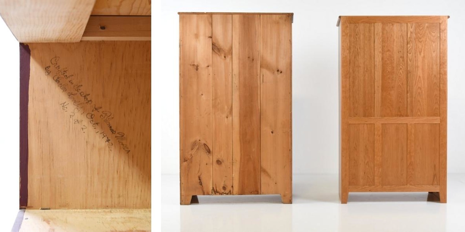 Signature of 1972 shaker cupboard by Tom moser and comparison of back between 1972 cupboard and 2022 Dr. White's Chest